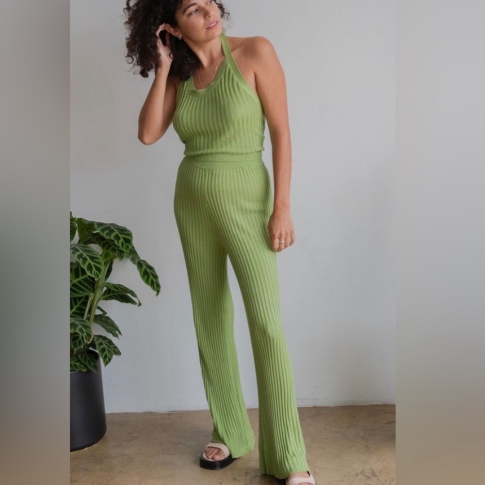 Revolve Callahan Elodie Knitwear Flare Pant Ribbed Basil Green Small - Picture 2 of 5